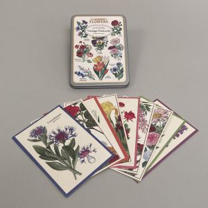 Postkort i metalæske med motiv af forskellige blomsters symbolske betydning