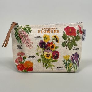 Toilettaske med motiv af forskellige af havens blomster.