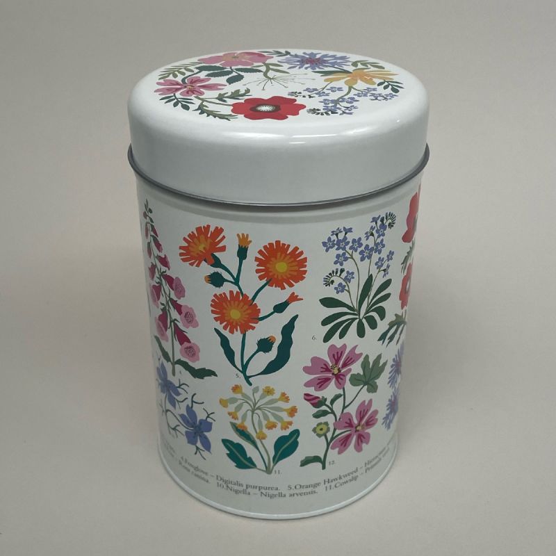 Opbevaringsdåse med motiv af vilde blomster rund  Ø10,5cm.  H 15,4cm.  1