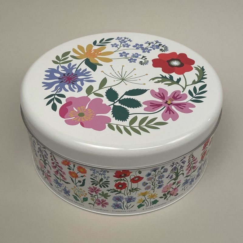 Kagedåse med motiv af vilde blomster rund Ø24cm. H10,5 cm. 1