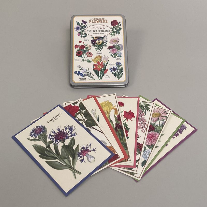 Postkort i metalæske med motiv af forskellige blomsters symbolske betydning 1