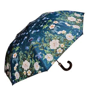 Blå paraply med motiv af blå og hvide blomster